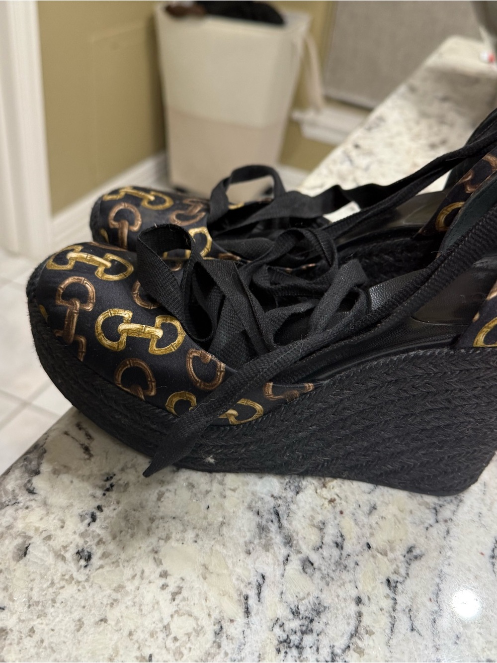 Gucci Black Espadrille Wedge Sandals with Gold Horsebit Print